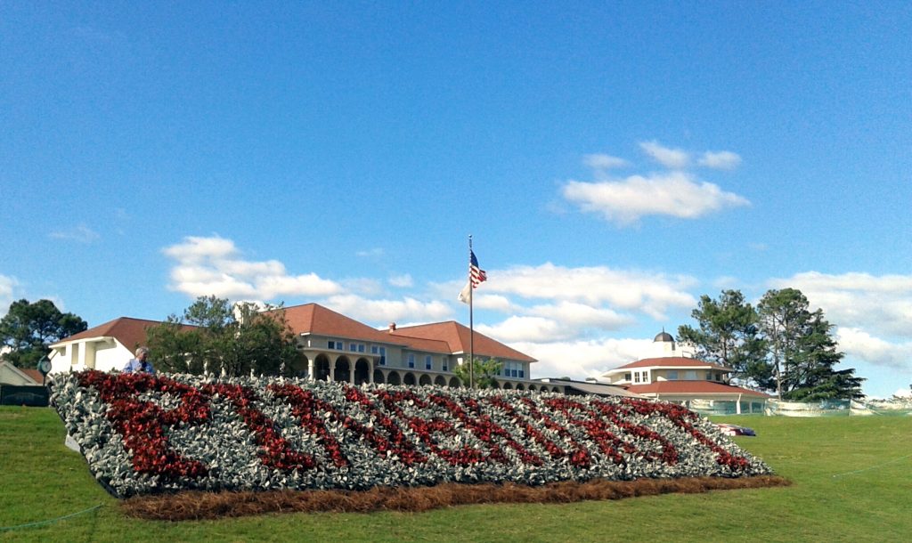 Beautifully landscaped grounds and main clubhouse at Pinehurst the afternoon before the competition.