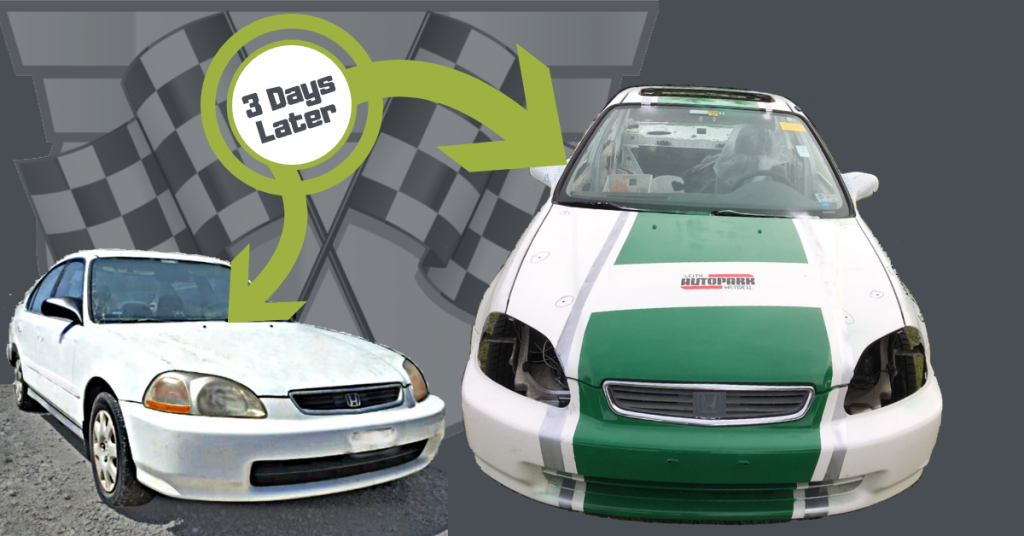 Our '98 Honda Civic donor car went from well-used stock to demolition derby ready in 3 days.