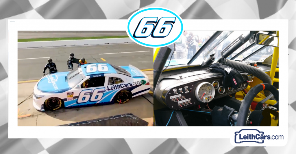 Timmy Hill's #66 develops a brake issue mid-race (L). Inside the #66 with mislabeled brake fan switch (R).